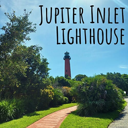 Jupiter Inlet Lighthouse with beautiful blue sky and green trees with text "Jupiter Inlet Lighthouse" under shining sun
