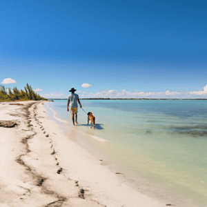 Florida favorites: man and dog walking beautiful remote Florida beach