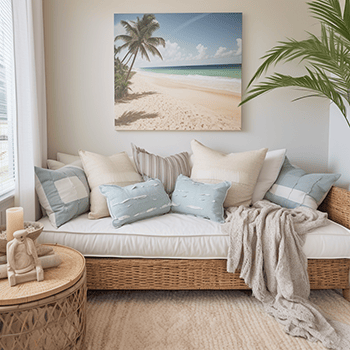 calm and tranquil blue and neutrals beach home accents in small den
