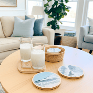 beachy drink coasters in a coastal living room