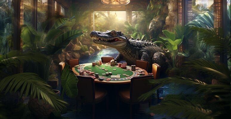 Depiction of a Florida casino on the list of casinos in Florida with an alligator at a gaming table surrounded by tropical decor