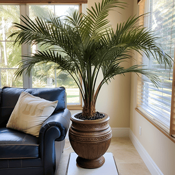 pygmy date palm in a pretty pot growing indoors